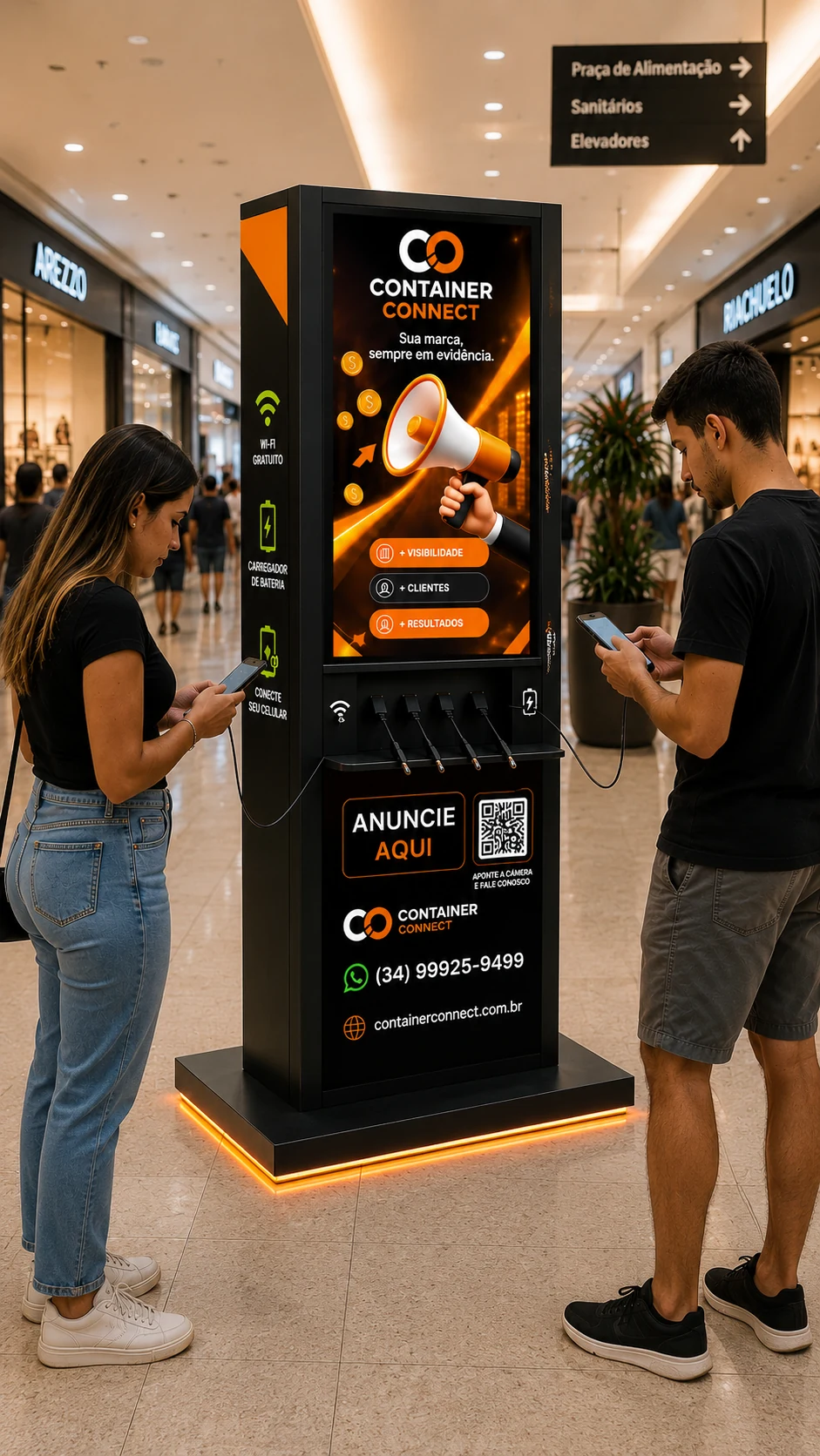Totem digital Container Connect em shopping com mídia, Wi-Fi e carregamento de celulares