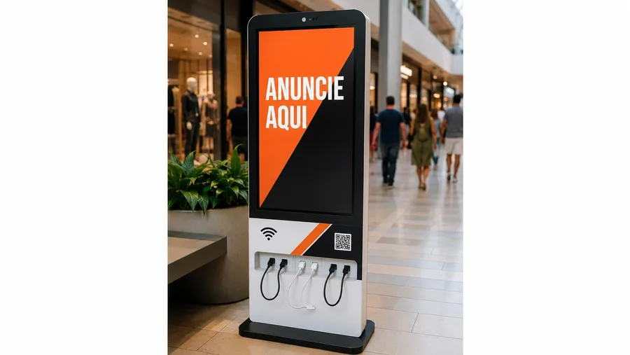 Totem Container Connect com mídia digital e cabos para carregamento