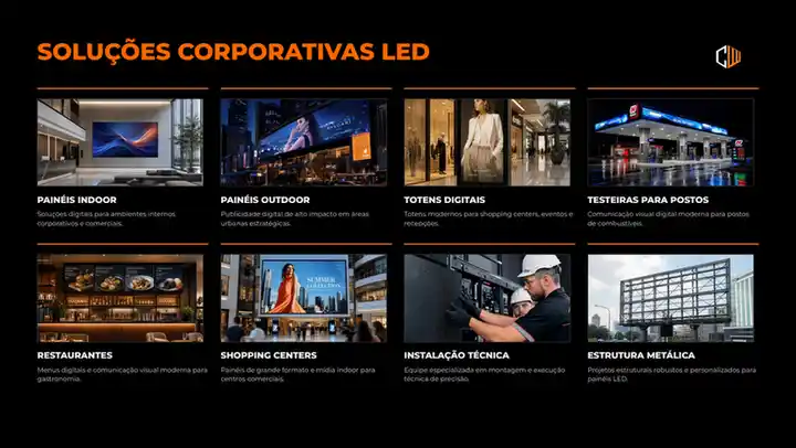 Soluções corporativas LED do Grupo Container: painéis indoor, outdoor, totens digitais, testeiras, restaurantes, shopping centers, instalação e estrutura metálica